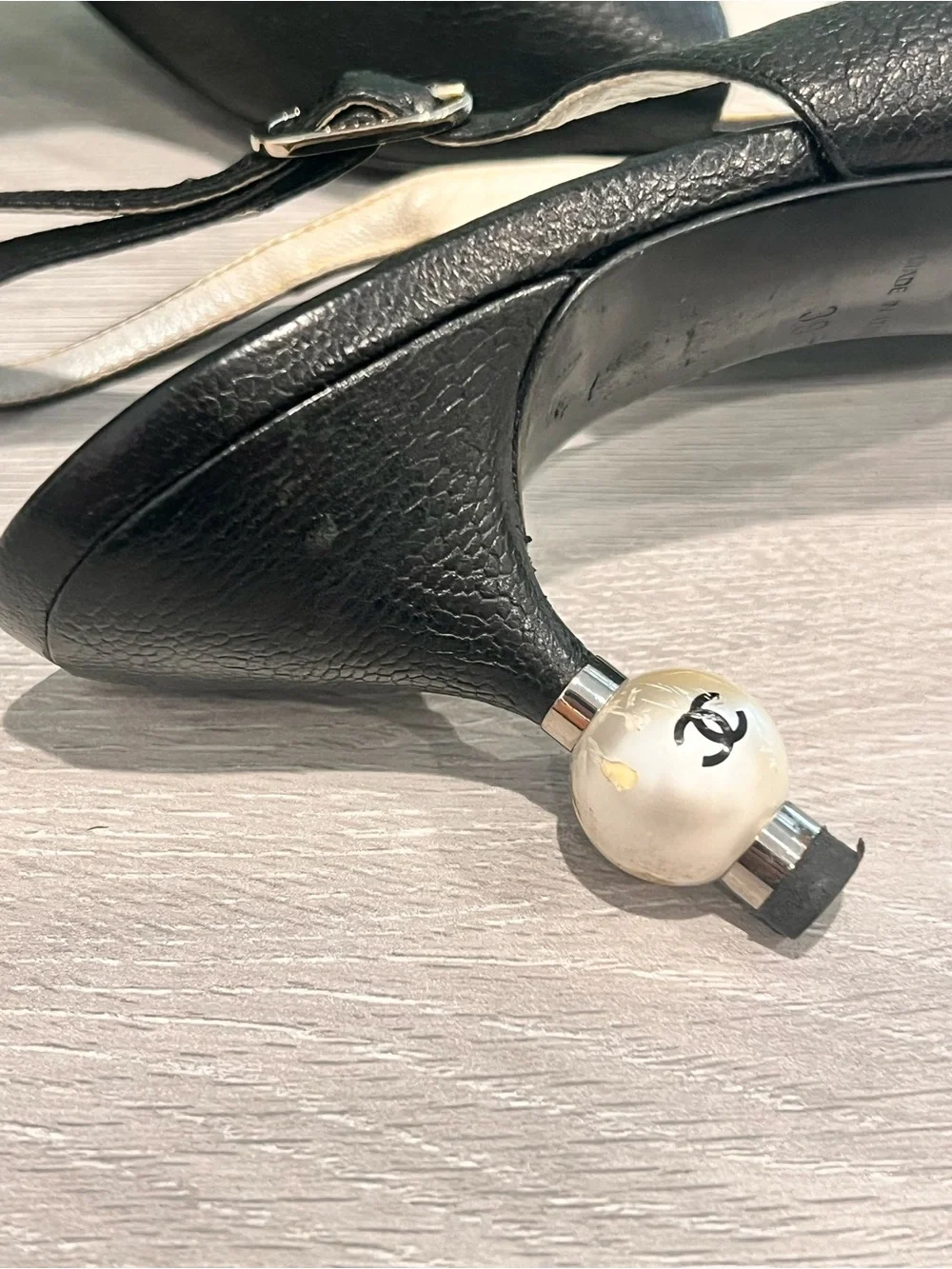 CHANEL Black Open Toe Slingback Pearl Heel